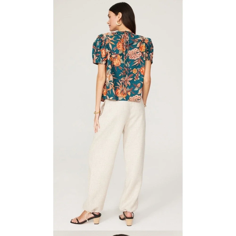 Ulla Johnson Frances Top Teal Floral Batik Puff Sleeve Cotton Blouse‎ Size 4